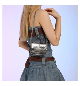 Detail of silver metallic mini bag with crocodile texture and metal chain strap