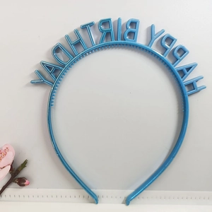 Detailed top view of a blue plastic headband with HAPPY BIRTHDAY decorative 3D lettering