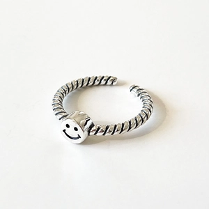 Vintage S925 sterling silver smiley face open ring with rope chain texture design