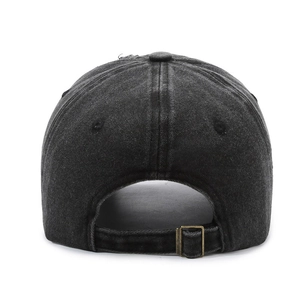 Back view of a distressed charcoal grey baseball cap with adjustable metal buckle strap