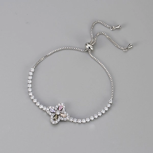 Silver bolo bracelet with colorful zircon clover charm and adjustable tennis chain link