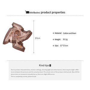 Detail specifications of paisley cotton linen scarf showing size 57x57cm and weight 30.2g