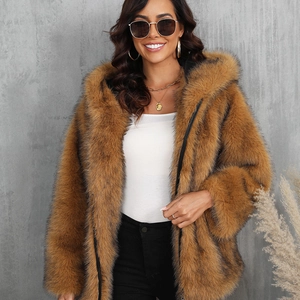 Manteau à capuche en fausse fourrure marron pour femme, veste d'hiver chaude avec fermeture éclair