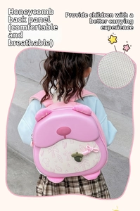 Pink bear shell backpack for kids featuring honeycomb breathable mesh back straps