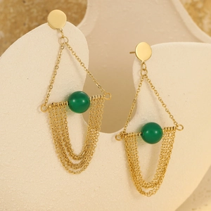 Detail of gold tassel earrings with green sphere bead and metallic fringe chains