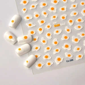 3D embossed fried egg nail stickers with jelly texture on white artificial nails