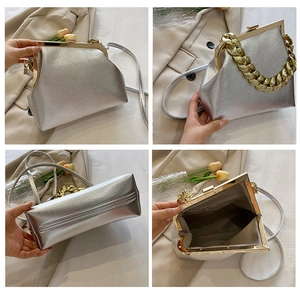 Detailed multi-angle view of silver textured handbag with gold chain handle and metal clasp