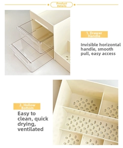 Detail view of drawer handle and hollow ventilation bottom of white cosmetic organizer