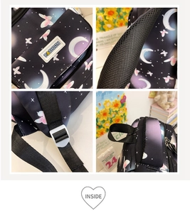 Detail view of floral print backpack with breathable mesh straps and adjustable buckles