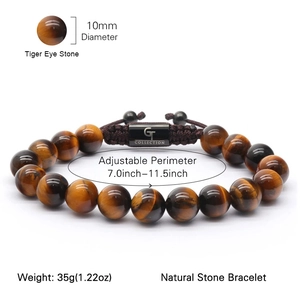 Men's 10mm natural tiger eye stone beaded bracelet with adjustable woven strap and metal clasp