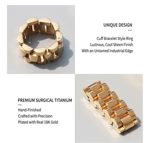 Macro detail of industrial watchband style ring in 18K gold plated titanium steel