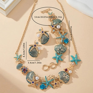 Parure de bijoux étoile de mer et coquillage doré avec émail bleu sarcelle