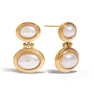 Elegant 18K gold plated stainless steel drop earrings with double white oval pearls