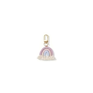 Handmade woven rainbow keychain pendant with pink and blue cotton fringe and gold clasp