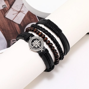 Men's retro black layered leather bracelet set with woven ropes and silver compass charm