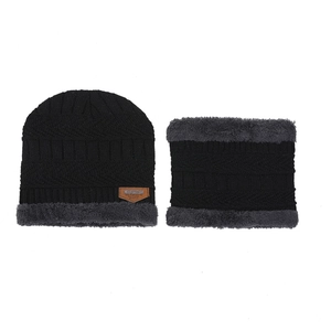 Winter thermal knit beanie and neck warmer set with faux fur lining in black and gray