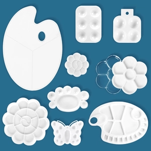 Variety set of 9 white plastic painting palettes in assorted shapes for art students