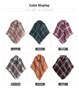 Detail view of British style plaid ponchos showing six color options and fringe edges