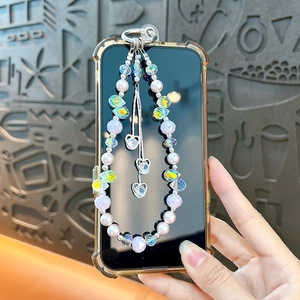Elegant heart beaded phone chain with iridescent crystals and pearls