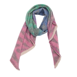 Close-up of soft knit zebra pattern scarf with colorful fringes and geometric texture