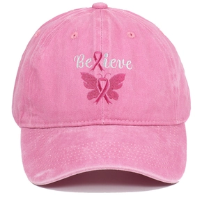 Washed Cotton Baseball Cap Believe Breast Cancer Awareness Pink Ribbon Butterfly Embroidery Adjustable Casual Sport Hat