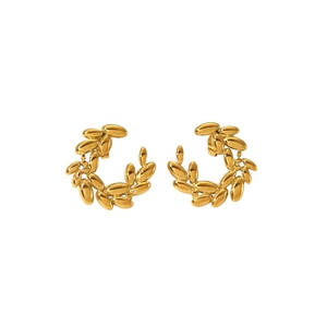 Elegant gold stainless steel wheat leaf wreath earrings set on a clean white background