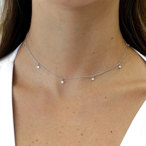 Close-up of S925 sterling silver choker necklace featuring five delicate star pendants