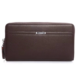 Deep brown pebble grain leather long clutch wallet for men with double zippers