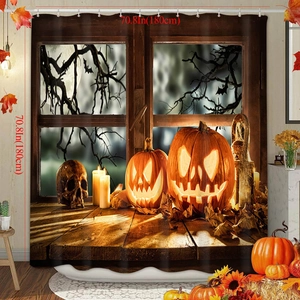 Halloween shower curtain with pumpkin and skull design, 70.8x70.8 inch size detail