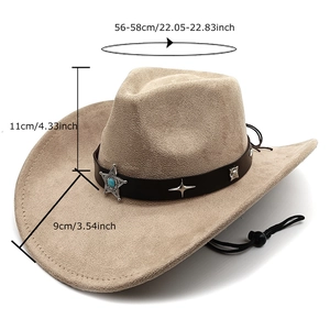 Classic beige suede wide brim cowboy hat with decorative leather band and turquoise studs