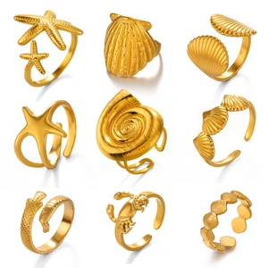 Gold stainless steel ocean rings featuring starfish, shell, and crab charms in a 3x3 grid
