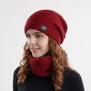 Winter dark red knit beanie hat and neck warmer set for men and women with fleece lining