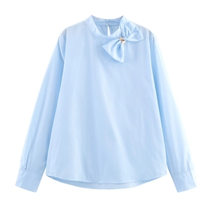 Women Blouse Solid Color Polyester Long Sleeve Mock Neck Bow Tie Decor Commuter Sweet Elegant Office Lady Top Shirt