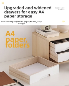 Detail view of a Nordic style wooden desk organizer showing A4 paper storage capacity