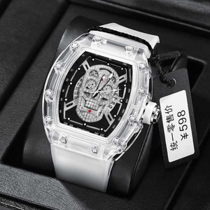 Fashion Men Transparent Tonneau Watch Rhinestone Skull Dial Silicon Strap Luminous Waterproof Quartz Sport Wristwatch