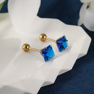 Pair of gold stainless steel stud earrings with square blue gemstones and screw backs