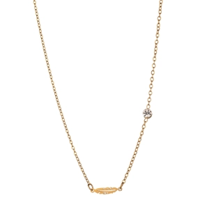 Gold stainless steel feather pendant necklace with zircon stone on a minimalist chain