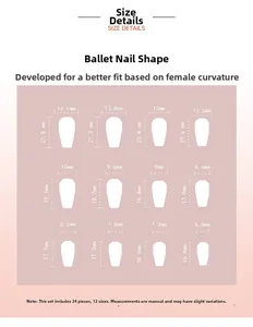Detailed size chart for 24pcs short ballerina press-on nails with 12 specific dimensions