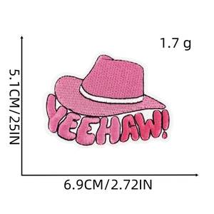 Detail of pink embroidered cowboy hat patch with Yeehaw text and size dimensions