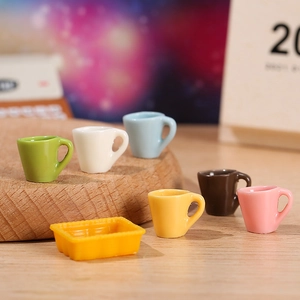 Colorful resin miniature mugs on a yellow tray for DIY moss landscape and dollhouses