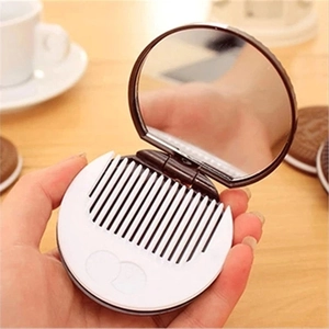 Chocolate cookie shaped portable folding makeup mirror with comb in brown and white