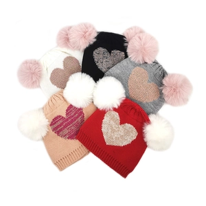 Kids Girls Winter Knit Beanie Hat Double Pom Pom Heart Pattern Warm Acrylic Ribbed Cap Cute