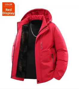 Detailed view of red men's hooded jacket with warm brown faux fur lining and zipper pockets