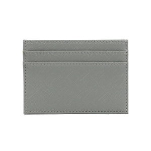 Detailed view of grey Saffiano leather card holder with multiple functional slots