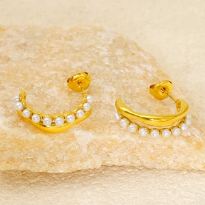 Stainless Steel 18K Gold Plated Hoop Earrings With White Artificial Pearl Geometric C Shaped Minimalist Fashion Jewelry For Women