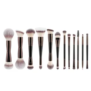 Size chart showing 12 dual-ended makeup brushes with lengths from 14cm to 17.5cm