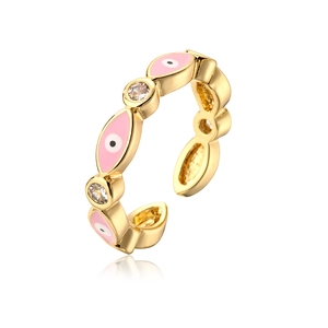 Detail of pink evil eye enamel and cubic zirconia on 18K gold-plated open ring