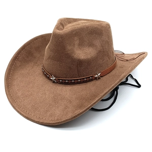 Western Cowboy Hat Suede Fabric Wide Brim With Star Rivets Leather Belt Adjustable Drawstring Outdoor Travel Fashion