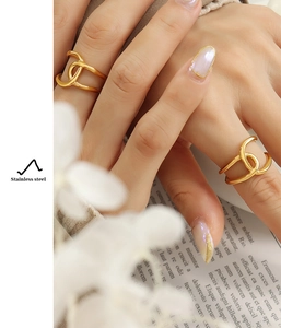 Detail of 18K gold-plated double-loop ring on finger over vintage book background