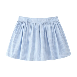 Detail of light blue vertical striped skirt featuring pleated hem and belt loops